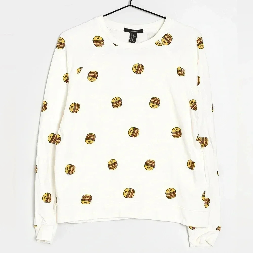 FOREVER 21 | Cotton Ivory/White Burger Print Allover Sweatshirt Size S (NWOT)